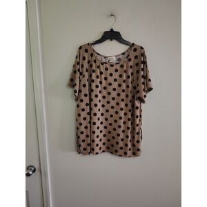 Karen-T Design Tan Black Polka Dot Short Sleeve Scoop Neck Blouse XL Made in USA